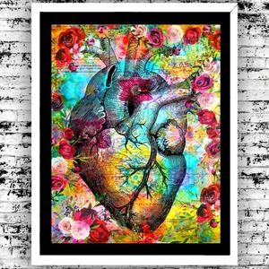 Art Print Bright Heart Anatomical Red Rose Kaleidoscope Map Wall Decor